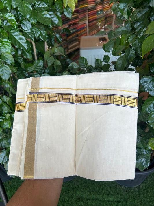 20% Discount!! KaithariKada Balaramapuram 100% Cotton Double Off White - (Unbleached) Mundu/Dhoti (60s) - 1 inch Gold Kasav Dark Blue Pattern Printed Kara - 82 KK5362 GAN