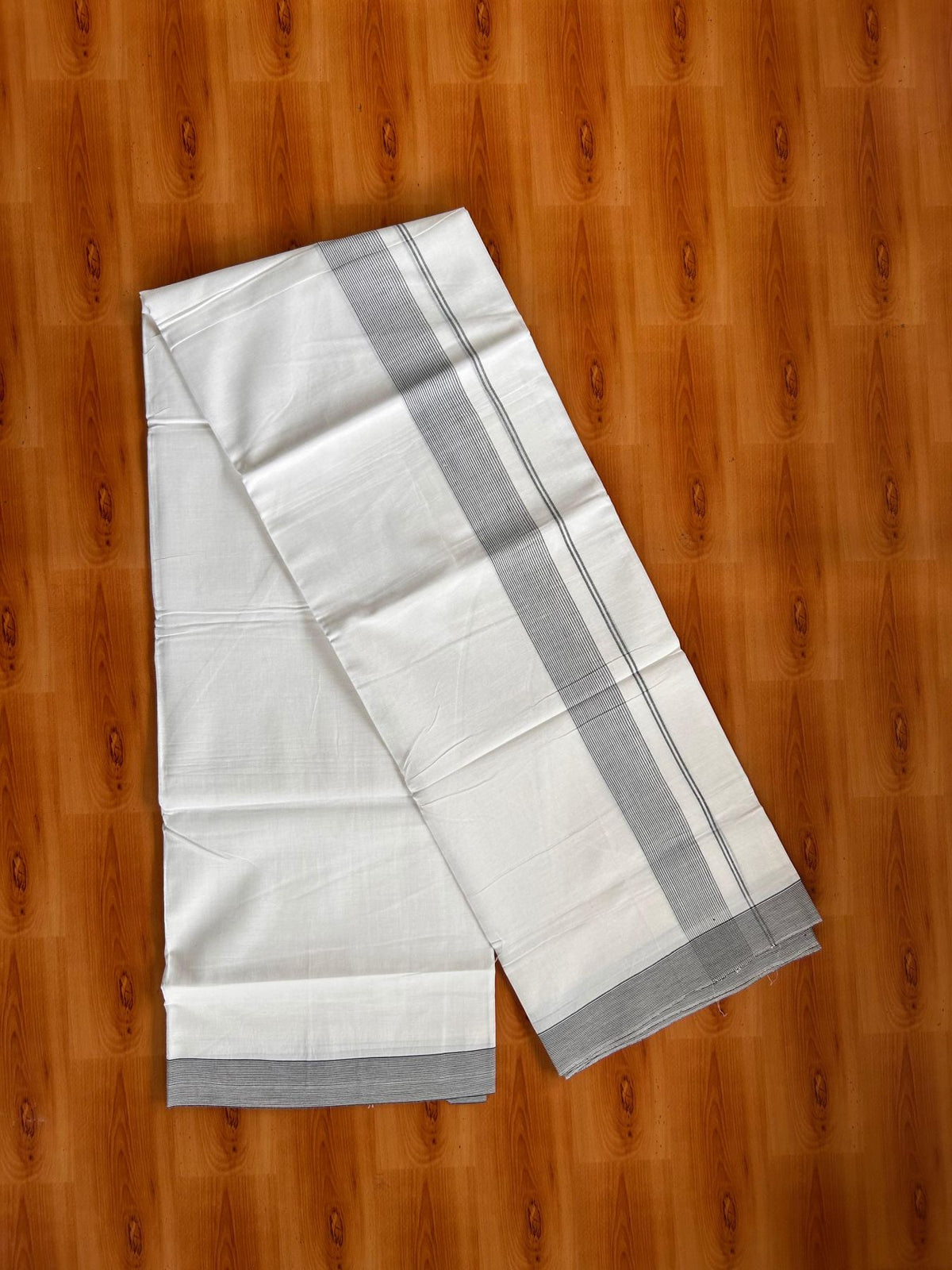 Double Pure White Mundu/Dhoti -20% Discount! KaithariKada 100% Cotton - 100x80 - 1.5 Inch Black Striped Kara - 3.80 mtr (8 muzham) - 6 KK5519 PMC