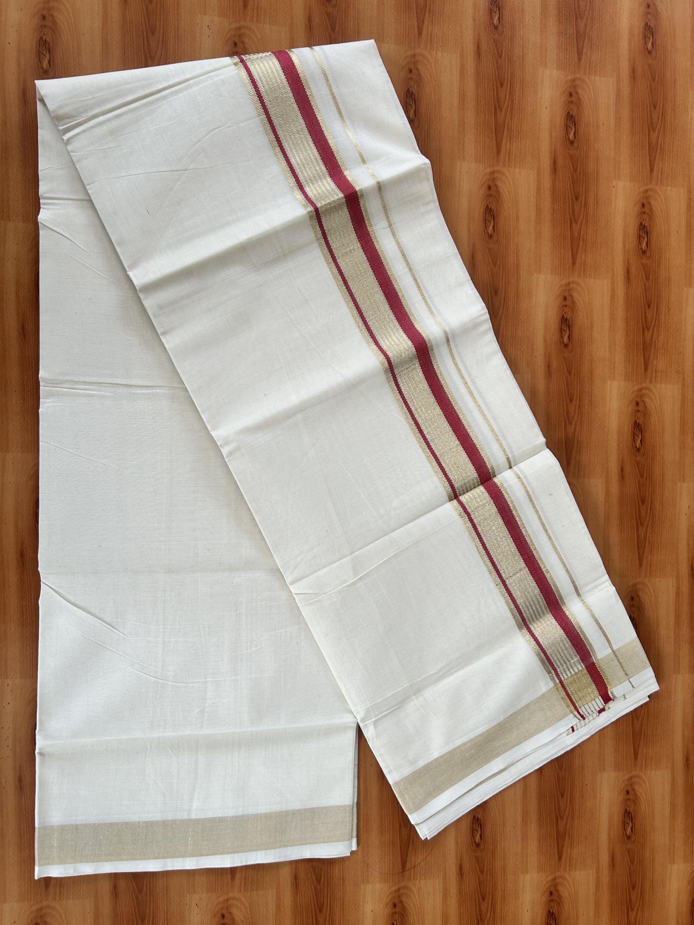 Double Off White (Unbleached) Mundu/Dothi- 20% Discount! Kaitharikada Balaramapuram Pure Cotton - 100x80 - 1.5 inch Light Gold Kasav & Reddish Pink Center Tissue Striped Kara 4 mtr (8.5 muzham) -  40 KK5452 THI