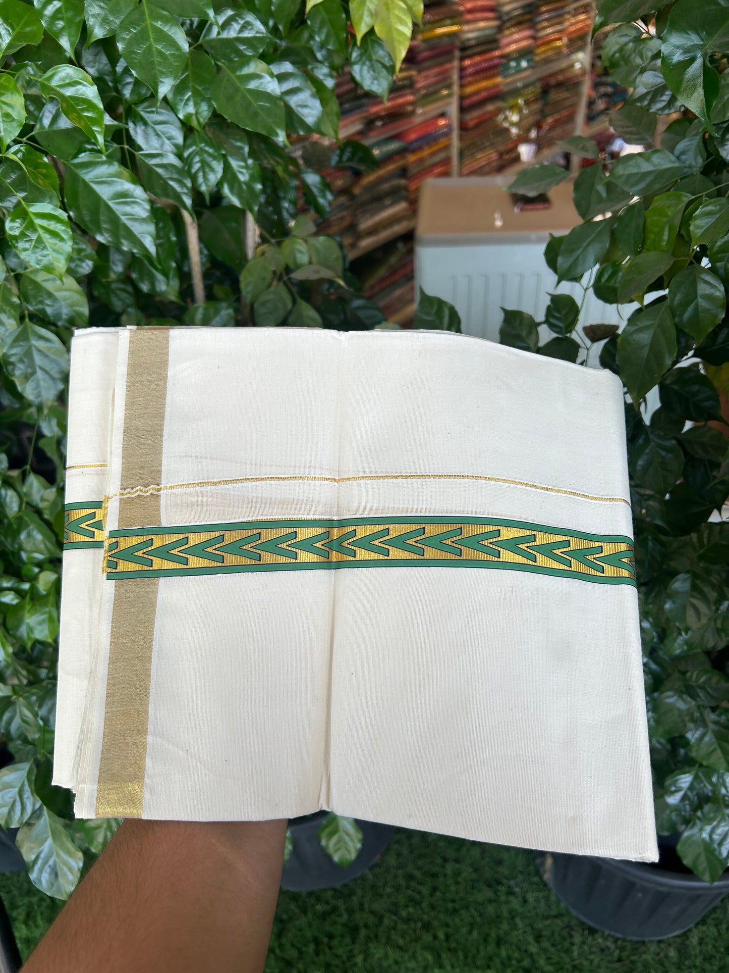 20% Discount!! KaithariKada Balaramapuram 100% Cotton Double Off White - (Unbleached) Mundu/Dhoti - 60x60 - 1 inch Gold Kasav with Green & Black Arrow Printed Design Kara - 80 KK5362 GAN