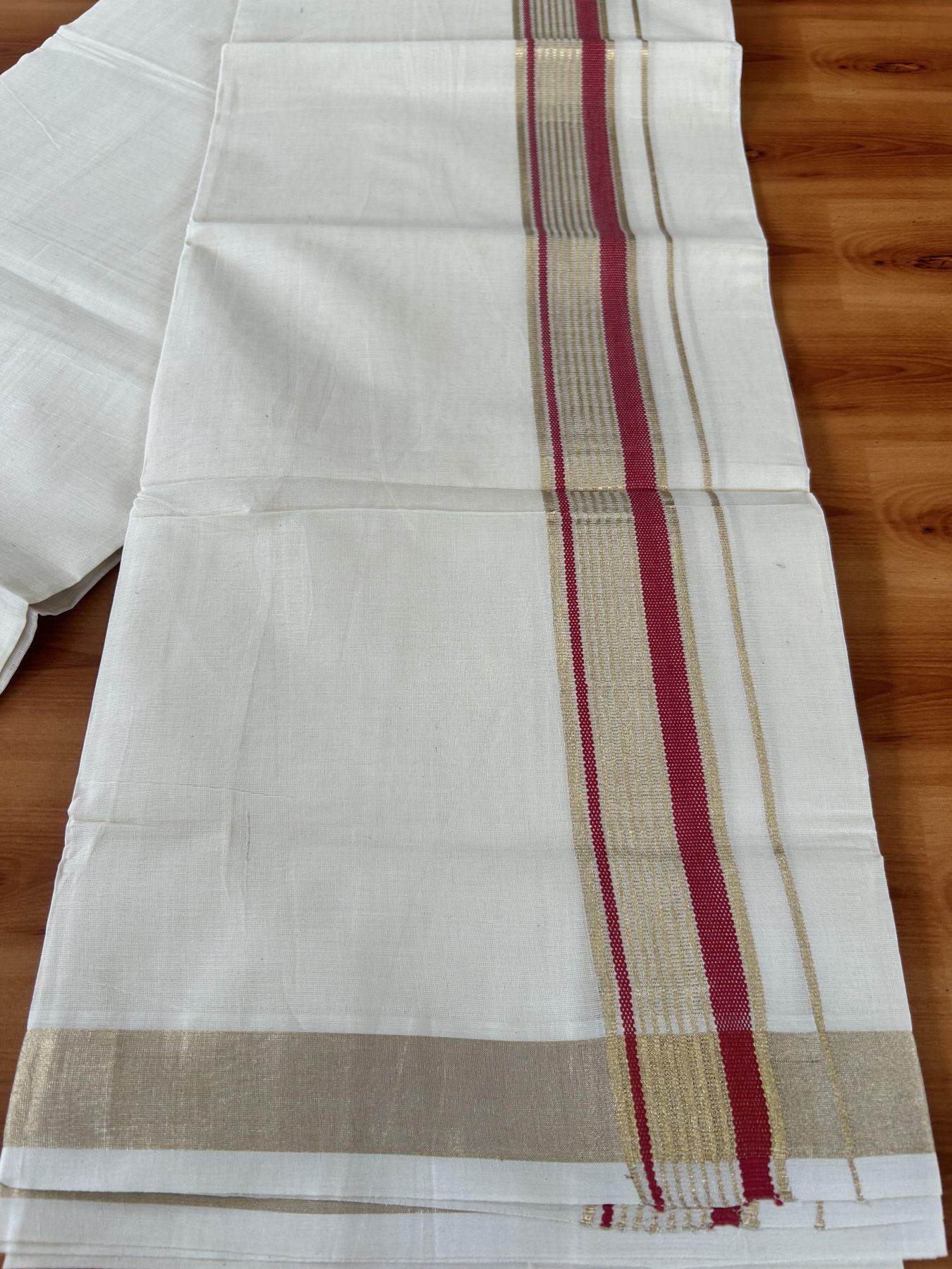 Double Off White (Unbleached) Mundu/Dothi- 20% Discount! Kaitharikada Balaramapuram Pure Cotton - 100x80 - 1.5 inch Light Gold Kasav & Reddish Pink Center Tissue Striped Kara 4 mtr (8.5 muzham) -  40 KK5452 THI