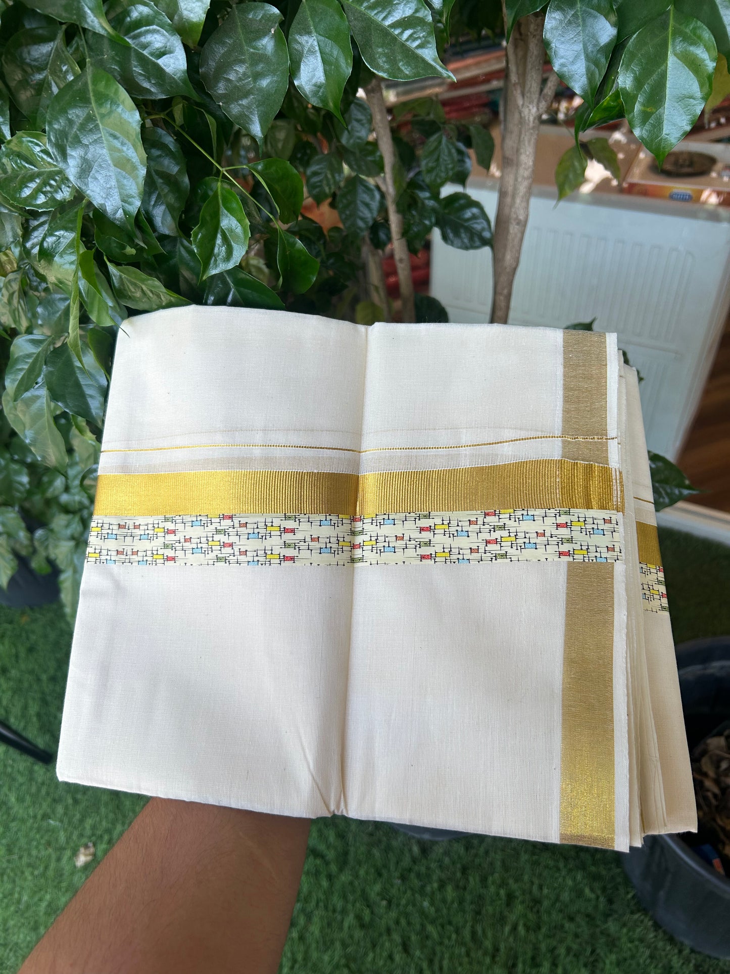 20% Discount!! KaithariKada Balaramapuram 100% Cotton Double Off White - (Unbleached) Mundu/Dhoti - 60s - 2 inch Gold Kasav & Printed Design Kara - 35 KK5362 GAN