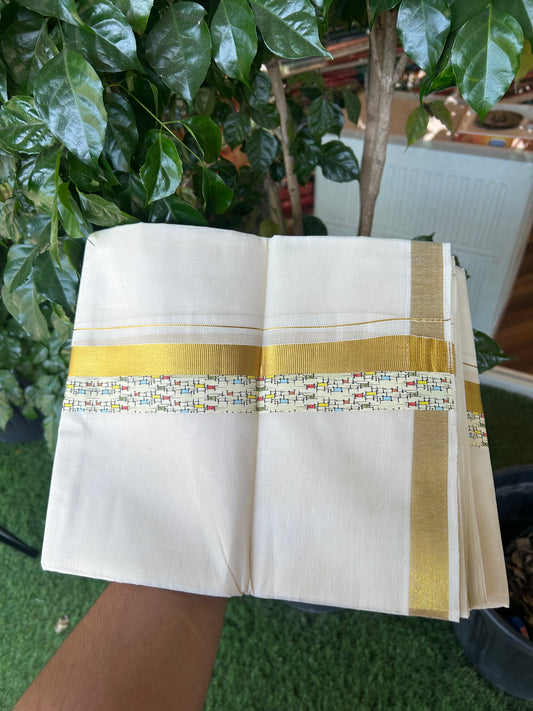 20% Discount!! KaithariKada Balaramapuram 100% Cotton Double Off White - (Unbleached) Mundu/Dhoti - 60s - 2 inch Gold Kasav & Printed Design Kara - 35 KK5362 GAN