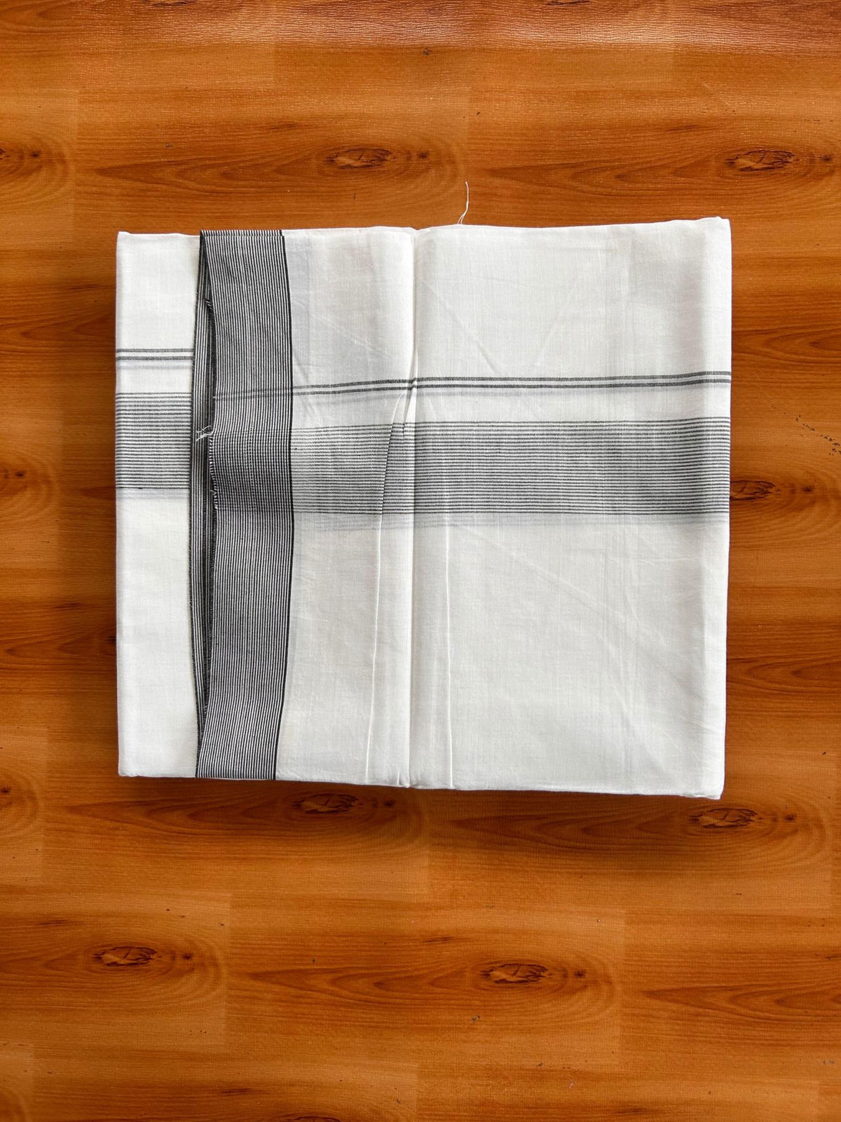 Double Pure White Mundu/Dhoti -20% Discount! KaithariKada 100% Cotton - 100x80 - 1.5 Inch Black Striped Kara - 3.80 mtr (8 muzham) - 6 KK5519 PMC
