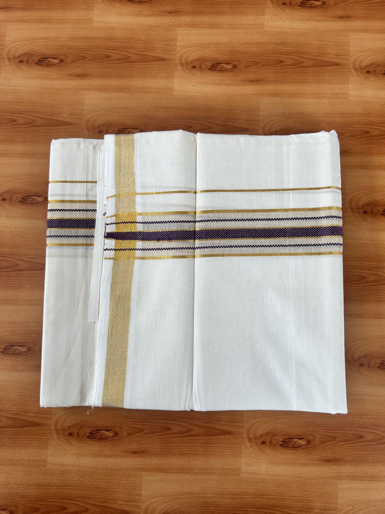 Double Off White (Unbleached) Mundu/Dothi- 20% Discount! Kaitharikada Balaramapuram Pure Cotton - 100x80 - 1.5 inch Gold Kasav & Dark Purple Center Tissue Striped Kara 4 mtr (8.5 muzham) - 45 KK5452 THI