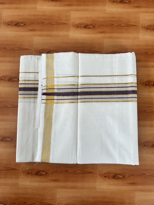 Double Off White (Unbleached) Mundu/Dothi- 20% Discount! Kaitharikada Balaramapuram Pure Cotton - 100x80 - 1.5 inch Gold Kasav & Dark Purple Center Tissue Striped Kara 4 mtr (8.5 muzham) - 45 KK5452 THI