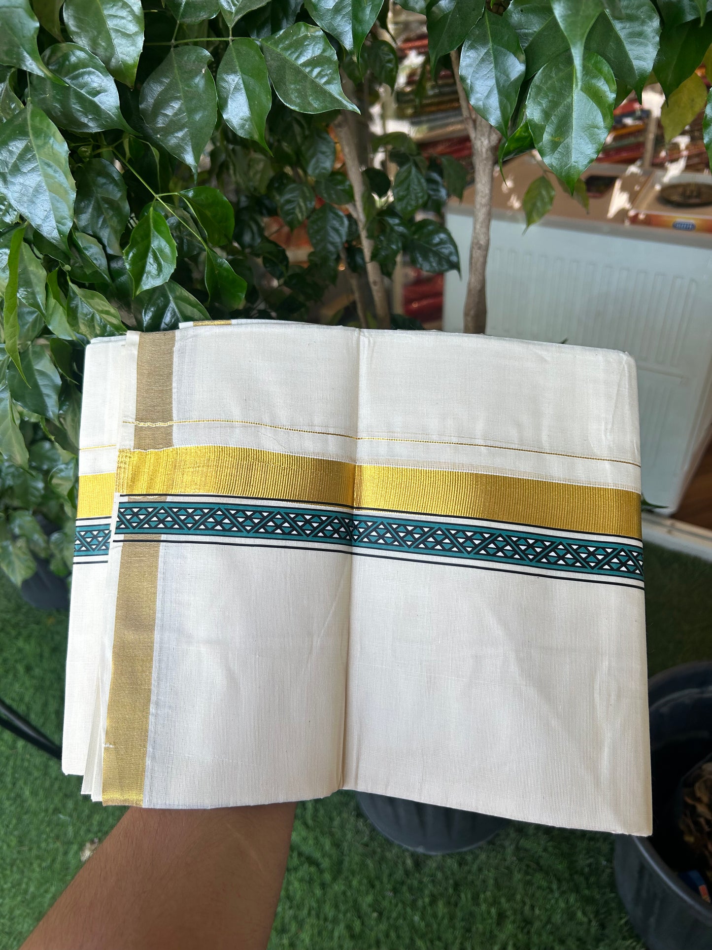 20% Discount!! KaithariKada Balaramapuram 100% Cotton Double Off White - (Unbleached) Mundu/Dhoti (60s) - 2 inch Gold Kasav Peacock Green & Black Triangle Printed Design Kara - 57 KK5362 GAN