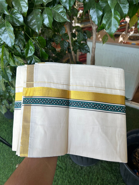 20% Discount!! KaithariKada Balaramapuram 100% Cotton Double Off White - (Unbleached) Mundu/Dhoti (60s) - 2 inch Gold Kasav Peacock Green & Black Triangle Printed Design Kara - 57 KK5362 GAN