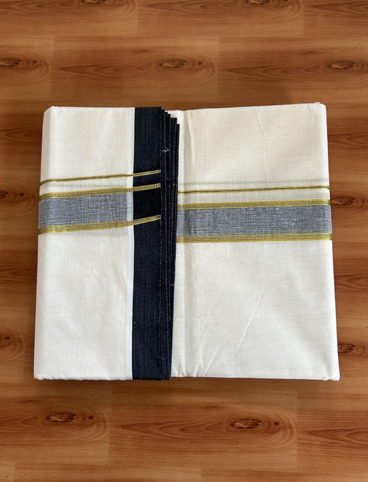 Double Off white - (Unbleached) - Mundu/Dhoti -20% Discount KaithariKada Balaramapuram 100% Cotton 100x100 - 1.25 inch Gold Kasav & Black Shaded Striped Kara - 39 KK5392 ASH