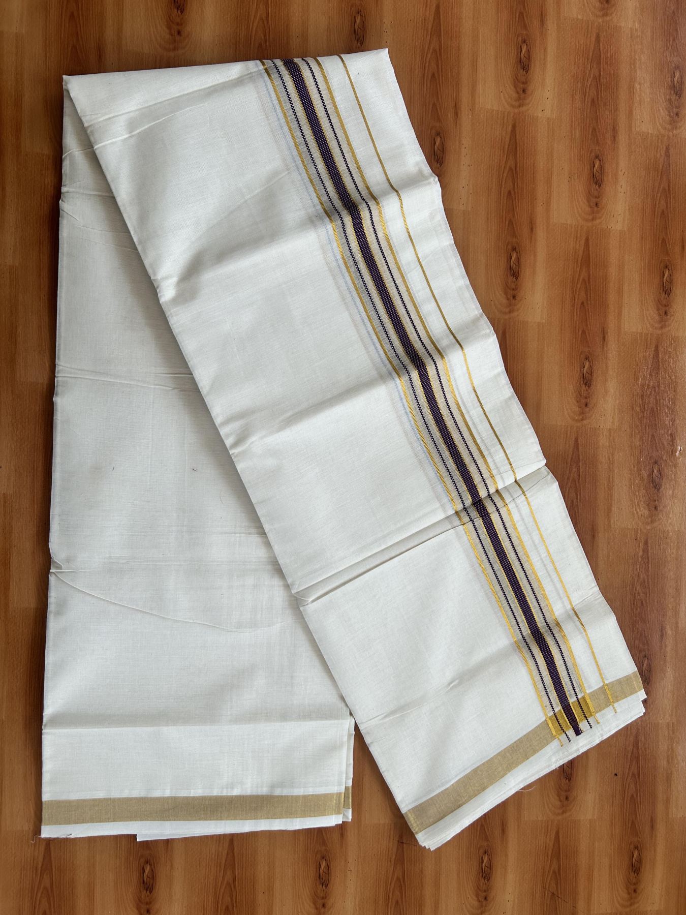 Double Off White (Unbleached) Mundu/Dothi- 20% Discount! Kaitharikada Balaramapuram Pure Cotton - 100x80 - 1.5 inch Gold Kasav & Dark Purple Center Tissue Striped Kara 4 mtr (8.5 muzham) - 45 KK5452 THI
