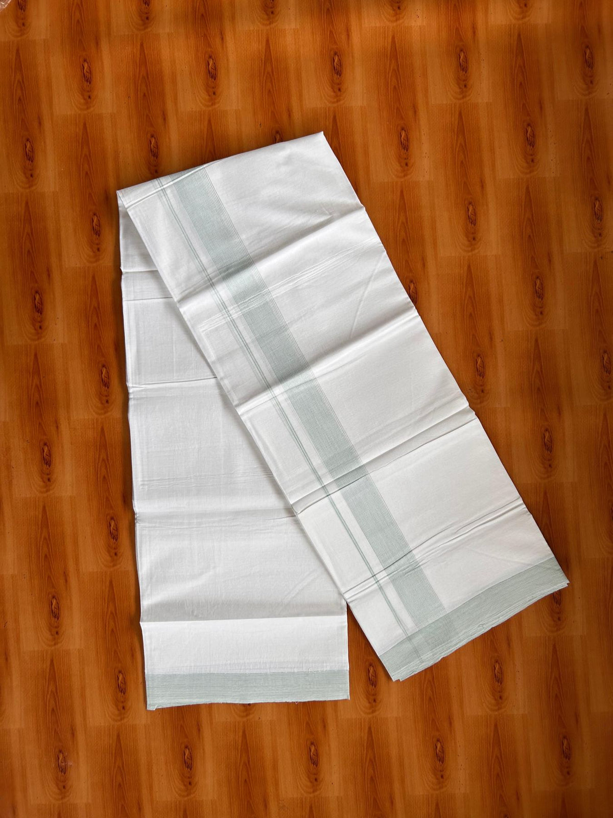 Double Pure White Mundu/Dhoti -20% Discount! KaithariKada 100% Cotton - 100x80 - 1.5 Inch Mint Green Striped Kara - 3.80 mtr (8 muzham) - 7 KK5519 PMC