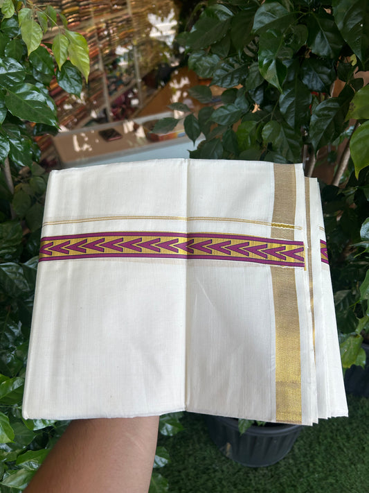 20% Discount!! KaithariKada Balaramapuram 100% Cotton Double Off White - (Unbleached) Mundu/Dhoti - 60x60 - 1 inch Gold Kasav with Purple & Navy Blue Arrow Printed Design Kara - 75 KK5362 GAN
