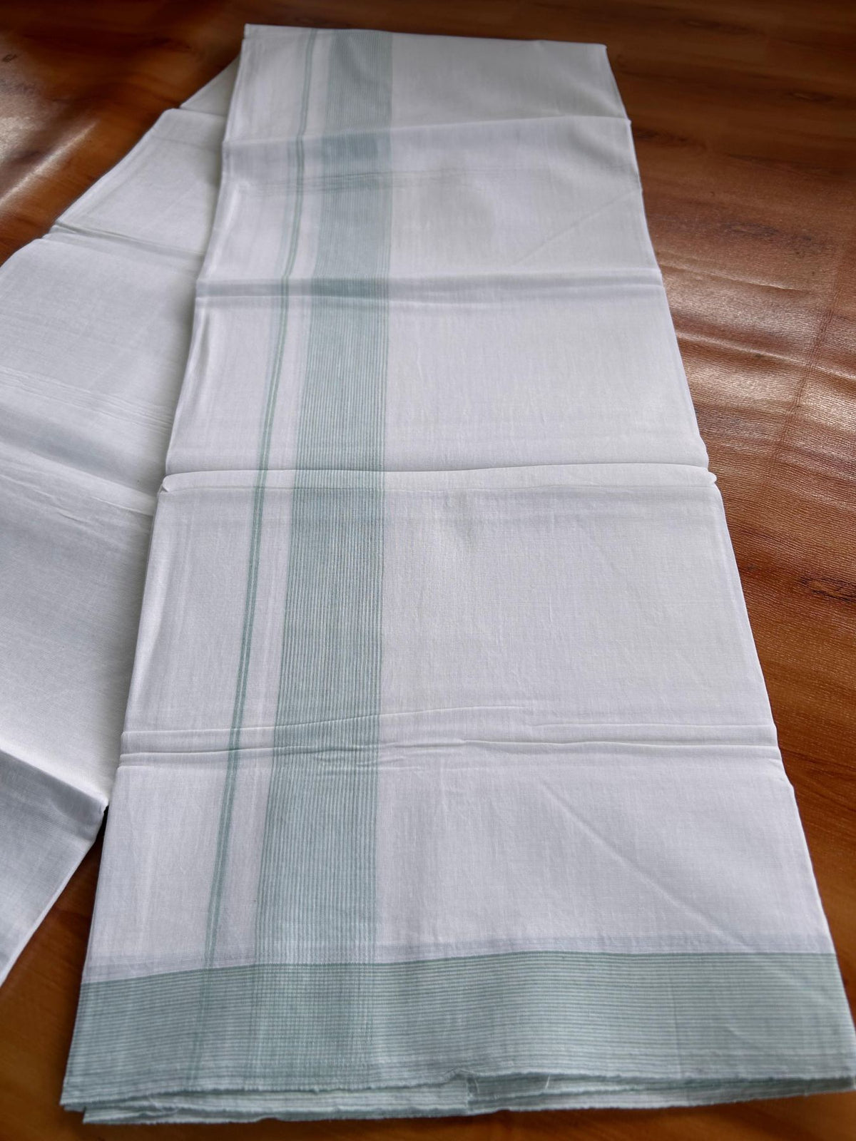 Double Pure White Mundu/Dhoti -20% Discount! KaithariKada 100% Cotton - 100x80 - 1.5 Inch Mint Green Striped Kara - 3.80 mtr (8 muzham) - 7 KK5519 PMC