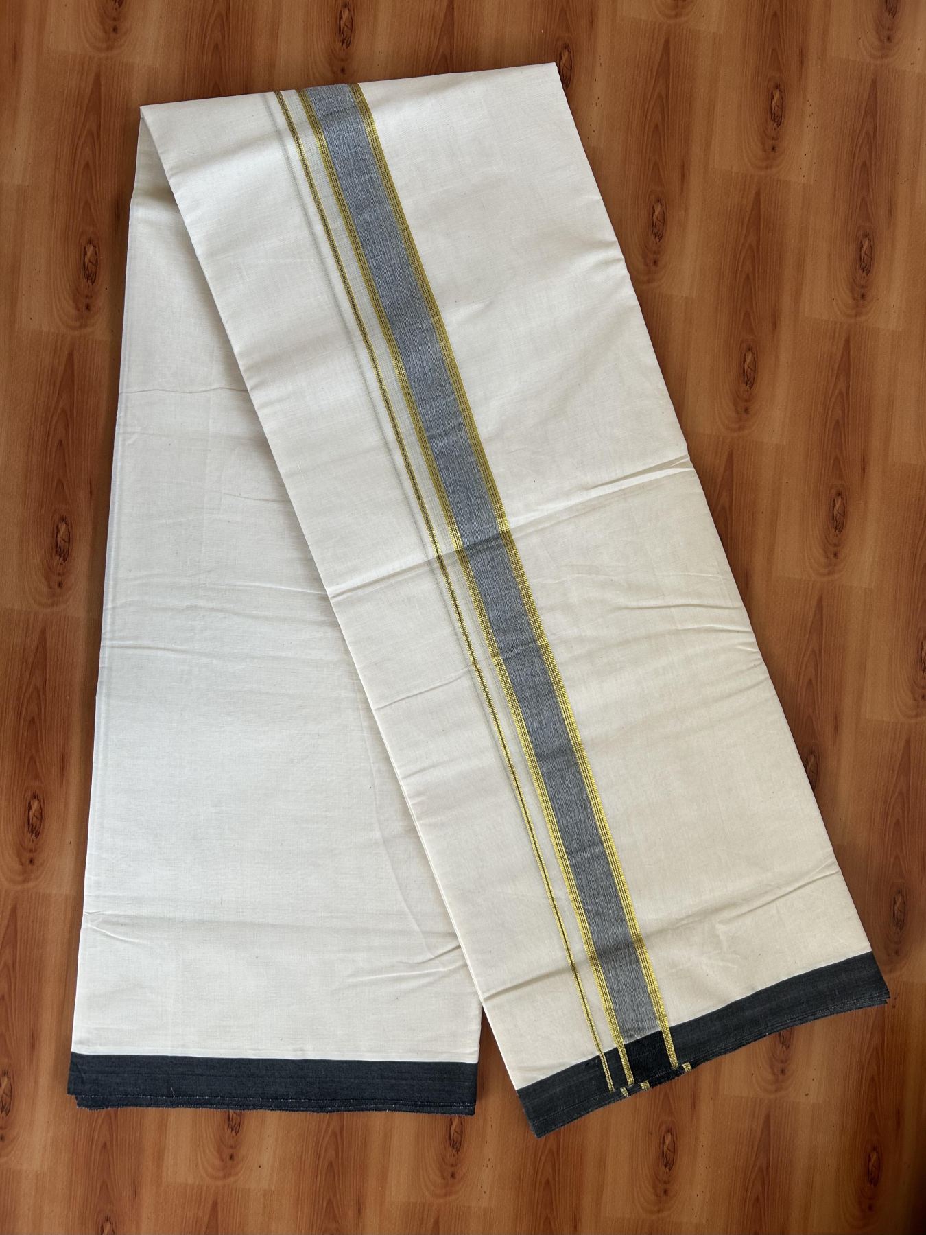 Double Off white - (Unbleached) - Mundu/Dhoti -20% Discount KaithariKada Balaramapuram 100% Cotton 100x100 - 1.25 inch Gold Kasav & Olive Green Shaded Striped Kara - 39 KK5392 ASH