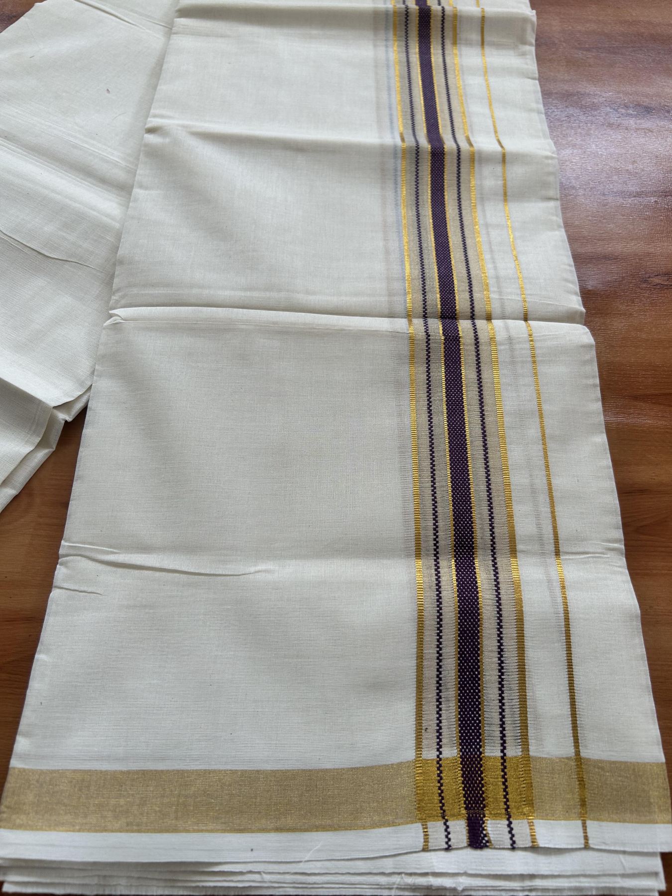 Double Off White (Unbleached) Mundu/Dothi- 20% Discount! Kaitharikada Balaramapuram Pure Cotton - 100x80 - 1.5 inch Gold Kasav & Dark Purple Center Tissue Striped Kara 4 mtr (8.5 muzham) - 45 KK5452 THI