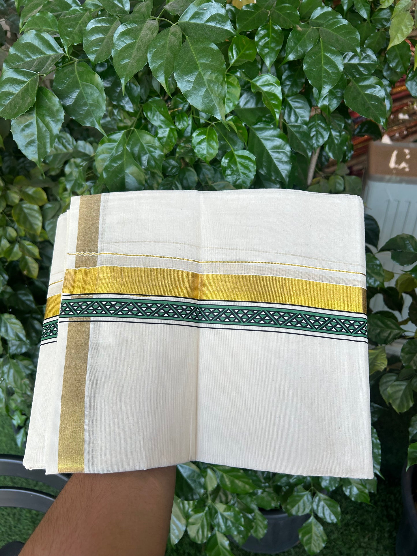 20% Discount!! KaithariKada Balaramapuram 100% Cotton Double Off White - (Unbleached) Mundu/Dhoti (60s) - 1.75 inch Gold Kasav Green & Black Triangle Printed Design Kara - 55 KK5362 GAN