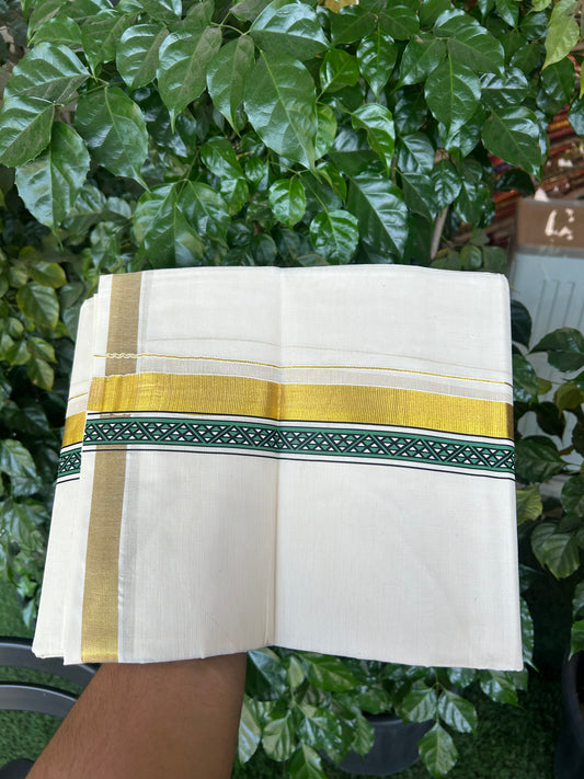 20% Discount!! KaithariKada Balaramapuram 100% Cotton Double Off White - (Unbleached) Mundu/Dhoti (60s) - 1.75 inch Gold Kasav Green & Black Triangle Printed Design Kara - 55 KK5362 GAN
