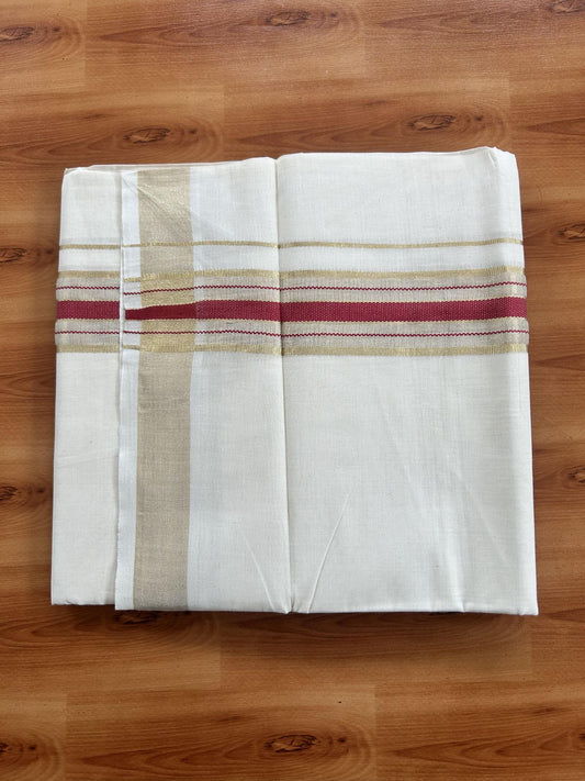 Double Off White (Unbleached) Mundu/Dothi- 20% Discount! Kaitharikada Balaramapuram Pure Cotton - 100x80 - 1.5 inch Light Gold Kasav & Reddish Pink Center Tissue Striped Kara 4 mtr (8.5 muzham) -  39 KK5452 THI