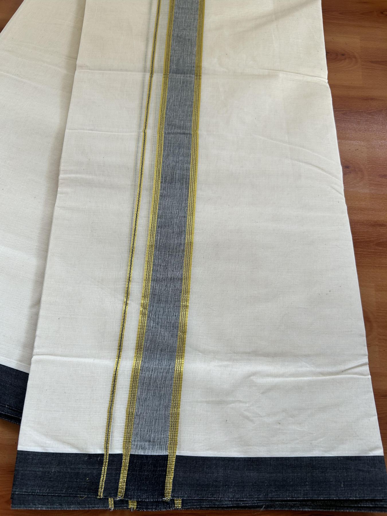 Double Off white - (Unbleached) - Mundu/Dhoti -20% Discount KaithariKada Balaramapuram 100% Cotton 100x100 - 1.25 inch Gold Kasav & Olive Green Shaded Striped Kara - 39 KK5392 ASH