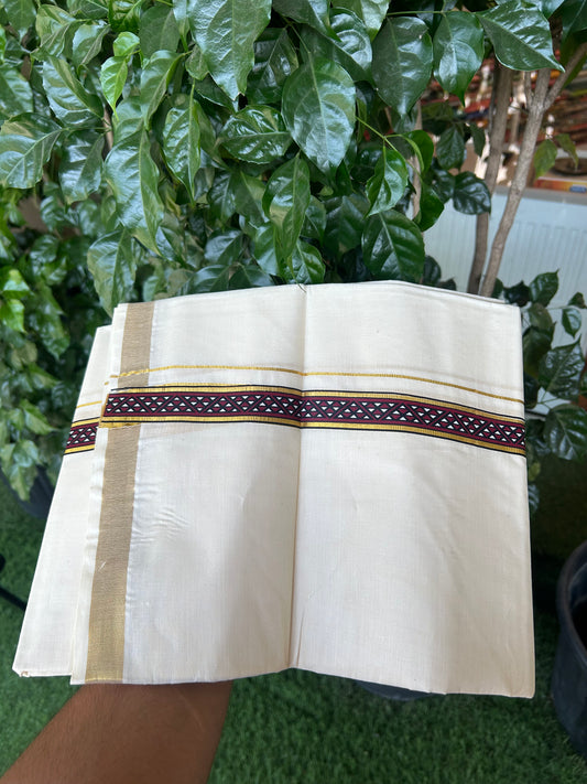 20% Discount!! KaithariKada Balaramapuram 100% Cotton Double Off White - (Unbleached) Mundu/Dhoti (60s) - 1 inch Gold Kasav Dark Maroon & Black Triangle Printed Design Kara - 59 KK5362 GAN
