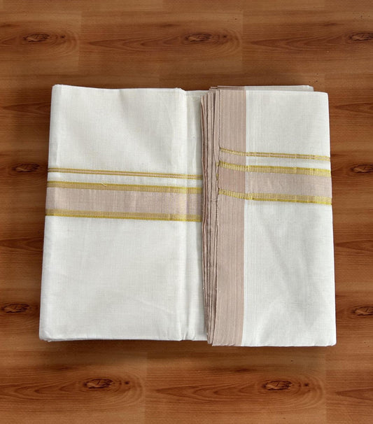 Double Off white - (Unbleached) - Mundu/Dhoti -20% Discount KaithariKada Balaramapuram 100% Cotton 100x100 - 1.25 inch Gold Kasav & Light Peach Shaded Striped Kara - 40 KK5392 ASH