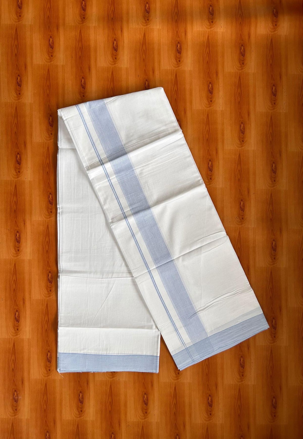 Double Pure White Mundu/Dhoti -20% Discount! KaithariKada 100% Cotton - 100x80 - 1.5 Inch Light Blue Striped Kara - 3.80 mtr (8 muzham) - 8 KK5519 PMC