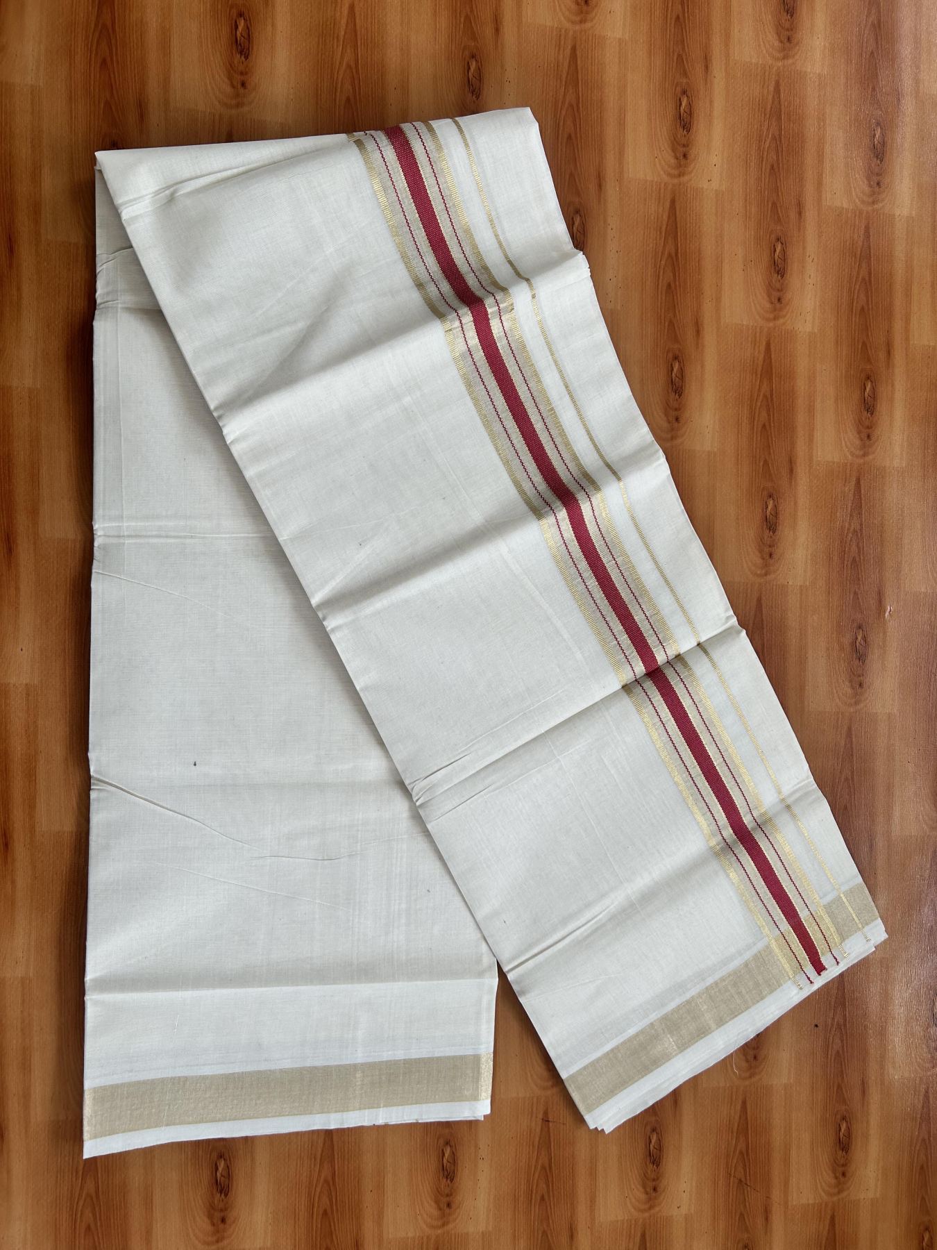 Double Off White (Unbleached) Mundu/Dothi- 20% Discount! Kaitharikada Balaramapuram Pure Cotton - 100x80 - 1.5 inch Light Gold Kasav & Reddish Pink Center Tissue Striped Kara 4 mtr (8.5 muzham) -  39 KK5452 THI