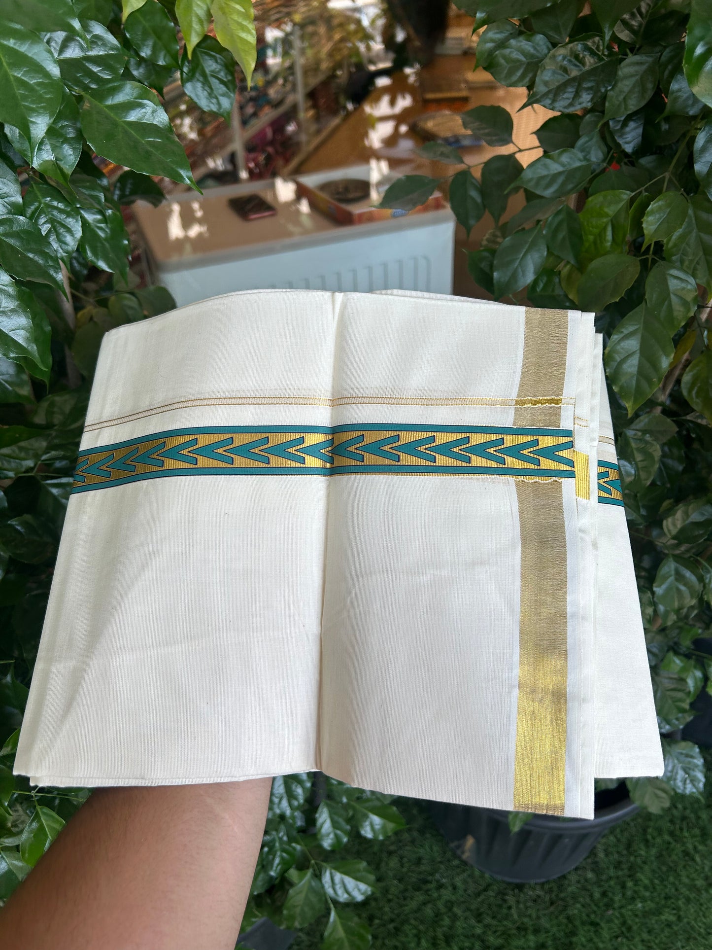 20% Discount!! KaithariKada Balaramapuram 100% Cotton Double Off White - (Unbleached) Mundu/Dhoti - 60x60 - 1 inch Gold Kasav with Emerald Green & Navy Blue Arrow Printed Design Kara - 74 KK5362 GAN