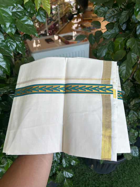 20% Discount!! KaithariKada Balaramapuram 100% Cotton Double Off White - (Unbleached) Mundu/Dhoti - 60x60 - 1 inch Gold Kasav with Emerald Green & Navy Blue Arrow Printed Design Kara - 74 KK5362 GAN