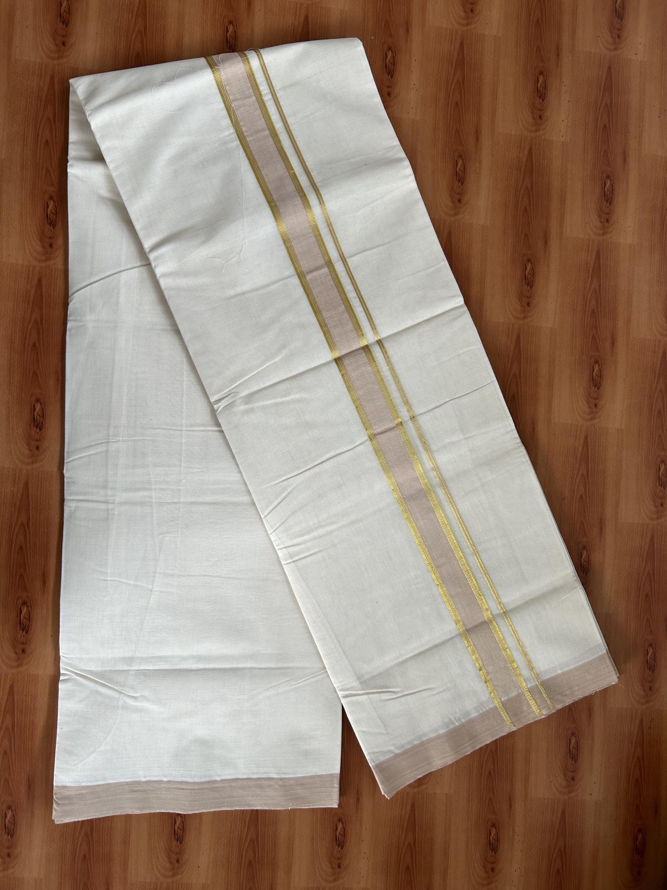 Double Off white - (Unbleached) - Mundu/Dhoti -20% Discount KaithariKada Balaramapuram 100% Cotton 100x100 - 1.25 inch Gold Kasav & Light Peach Shaded Striped Kara - 40 KK5392 ASH
