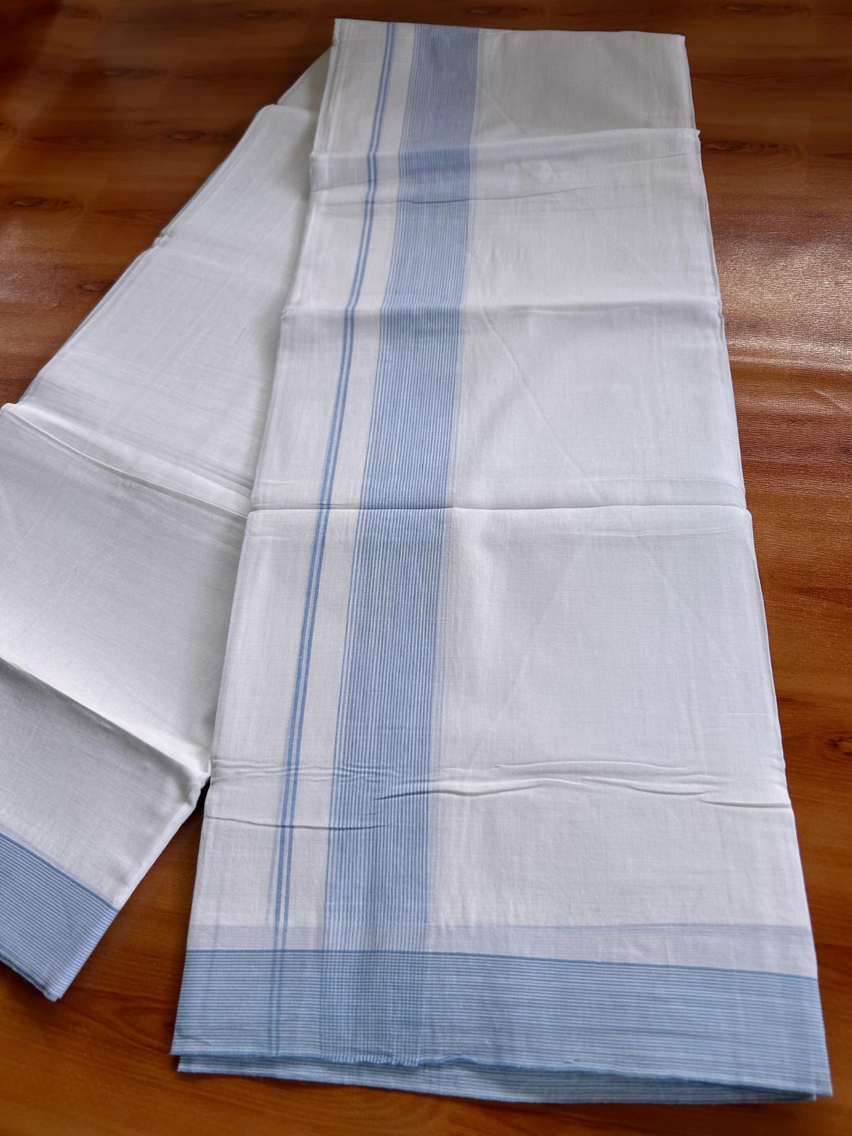 Double Pure White Mundu/Dhoti -20% Discount! KaithariKada 100% Cotton - 100x80 - 1.5 Inch Light Blue Striped Kara - 3.80 mtr (8 muzham) - 8 KK5519 PMC