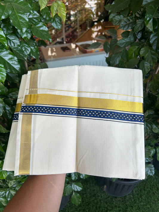 20% Discount!! KaithariKada Balaramapuram 100% Cotton Double Off White - (Unbleached) Mundu/Dhoti (60s) - 2 inch Gold Kasav Dark Blue & Black Triangle Printed Design Kara - 56 KK5362 GAN