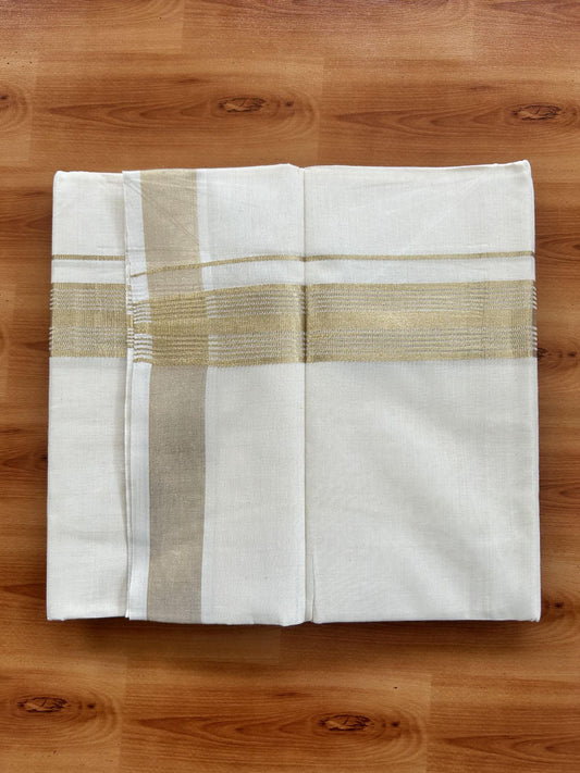Double Off White (Unbleached) Mundu/Dothi- 20% Discount! Kaitharikada Balaramapuram Pure Cotton - 100x80 - 1.5 inch Gold Kasav Striped Kara 4 mtr (8.5 muzham) -  37 KK5452 THI