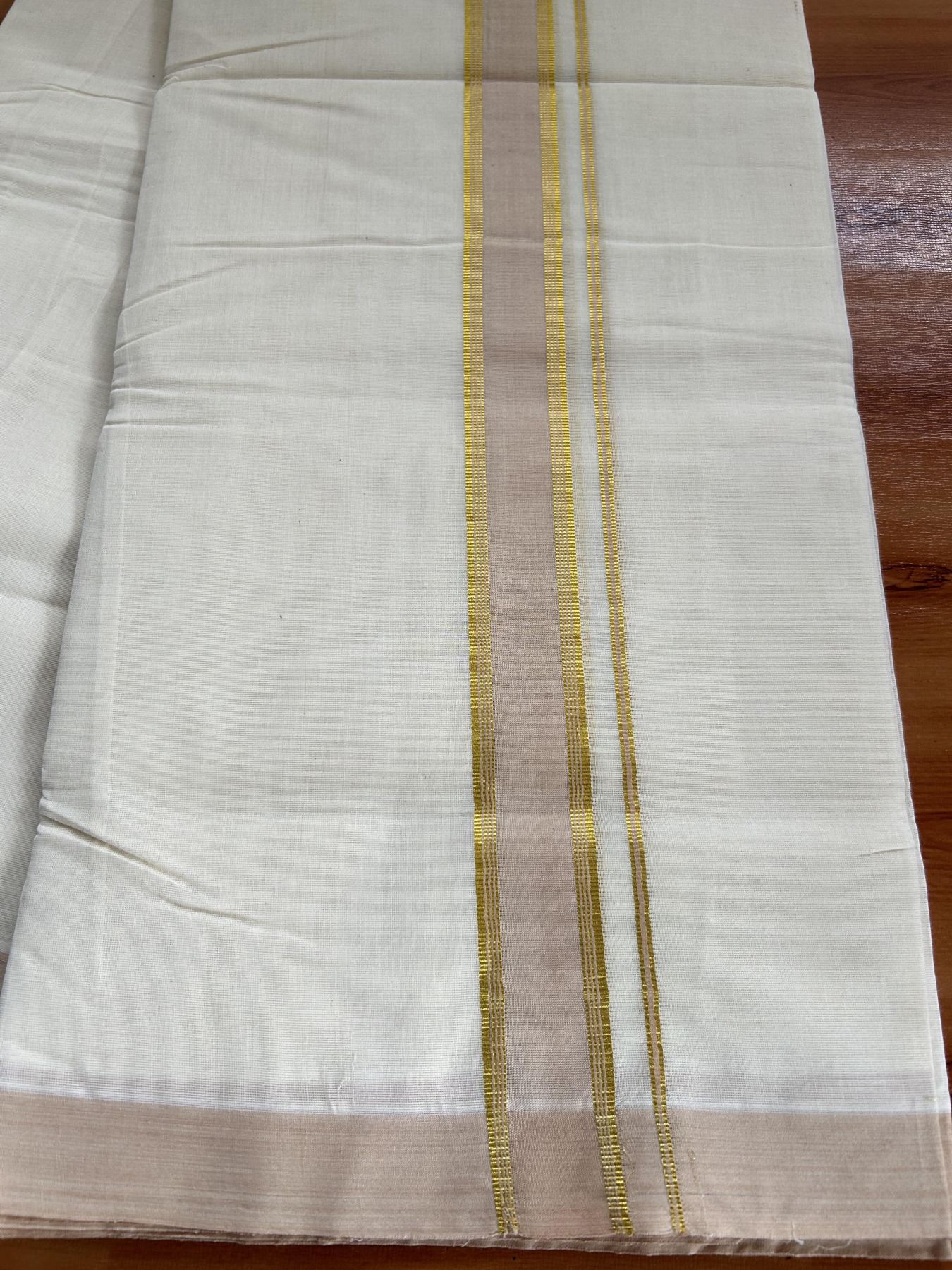 Double Off white - (Unbleached) - Mundu/Dhoti -20% Discount KaithariKada Balaramapuram 100% Cotton 100x100 - 1.25 inch Gold Kasav & Light Peach Shaded Striped Kara - 40 KK5392 ASH