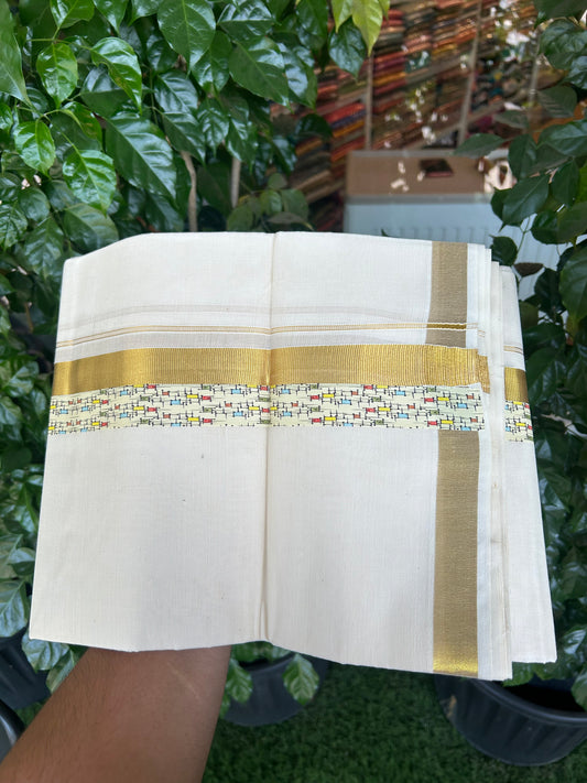 20% Discount!! KaithariKada Balaramapuram 100% Cotton Double Off White - (Unbleached) Mundu/Dhoti - 60s - 2 inch Gold Kasav & Printed Design Kara - 36 KK5362 GAN