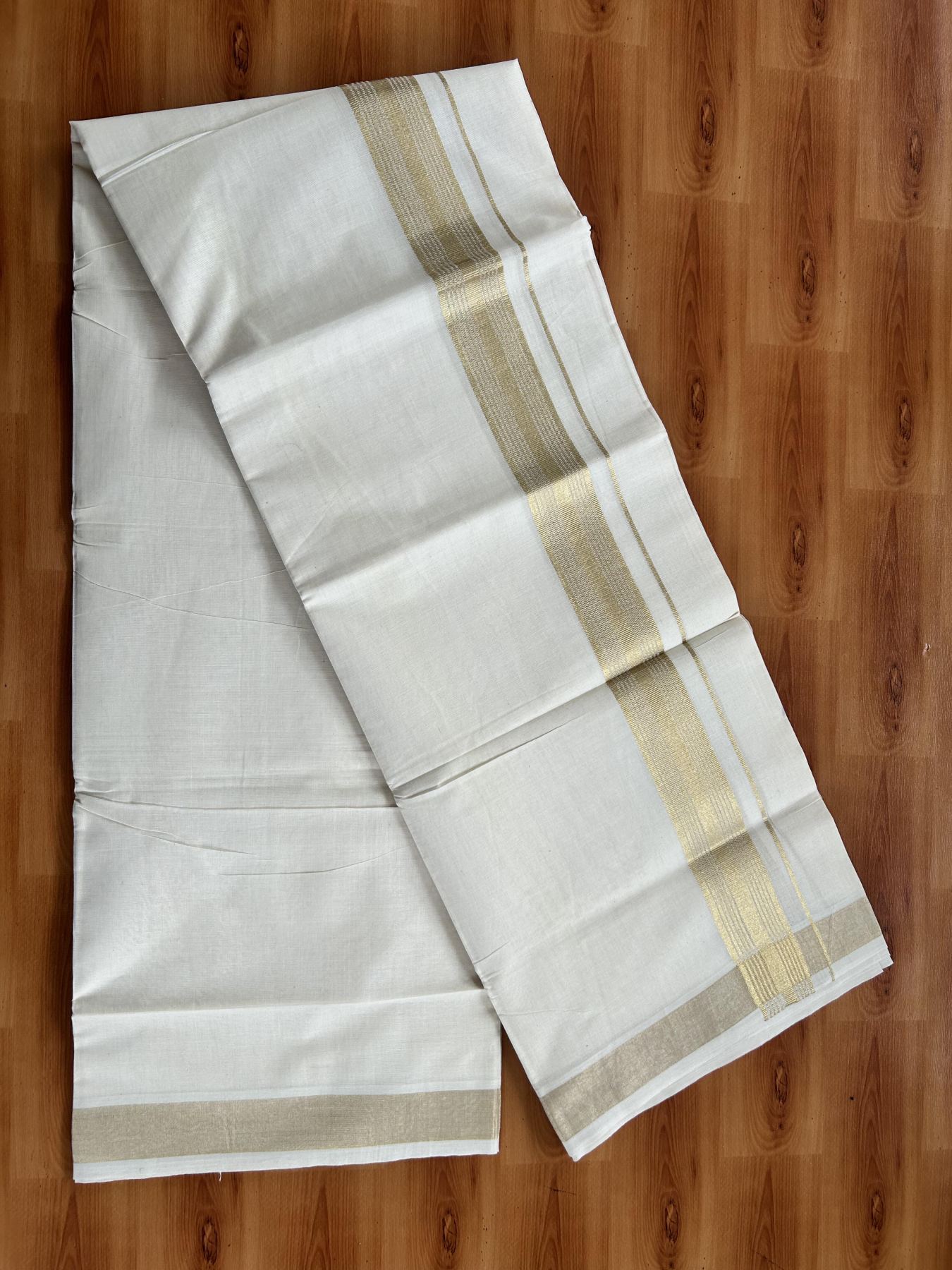 Double Off White (Unbleached) Mundu/Dothi- 20% Discount! Kaitharikada Balaramapuram Pure Cotton - 100x80 - 1.5 inch Gold Kasav Striped Kara 4 mtr (8.5 muzham) -  37 KK5452 THI
