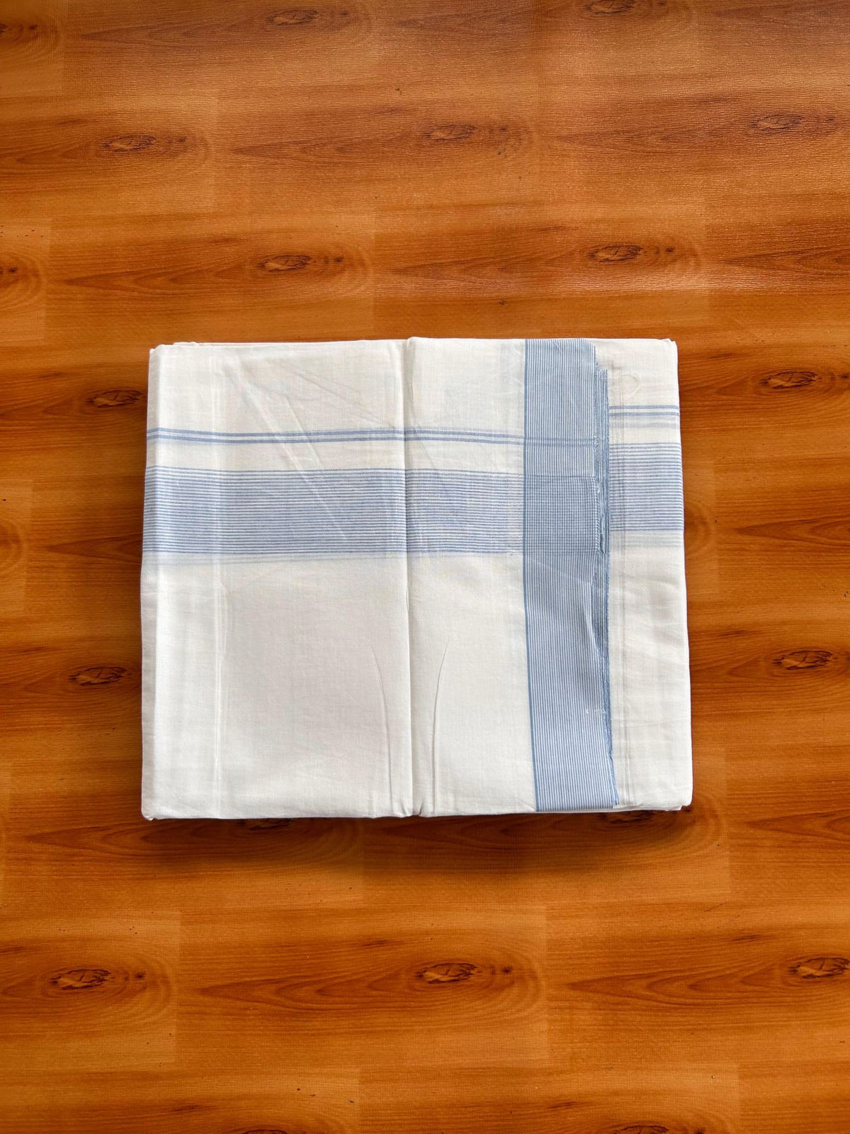 Double Pure White Mundu/Dhoti -20% Discount! KaithariKada 100% Cotton - 100x80 - 1.5 Inch Light Blue Striped Kara - 3.80 mtr (8 muzham) - 8 KK5519 PMC