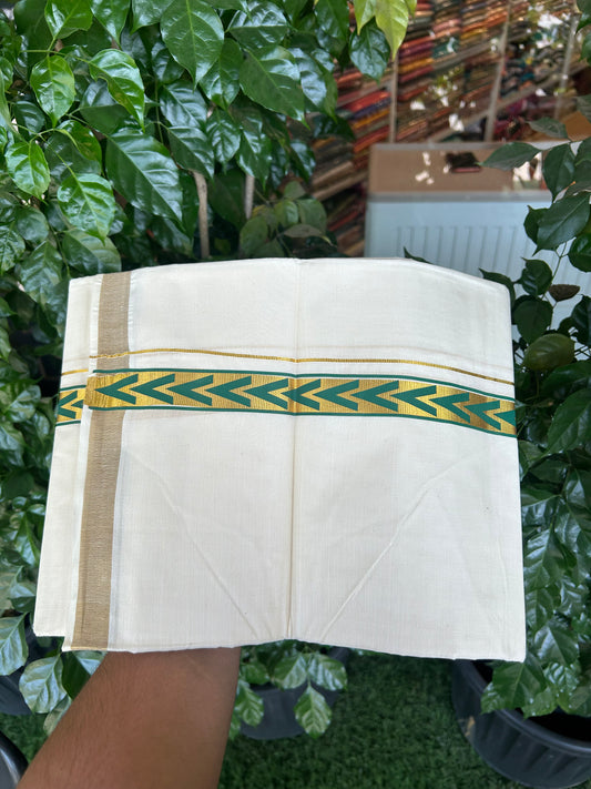 20% Discount!! KaithariKada Balaramapuram 100% Cotton Double Off White - (Unbleached) Mundu/Dhoti - 60x60 - 1 inch Gold Kasav with Dark Green Arrow Printed Design Kara - 77 KK5362 GAN