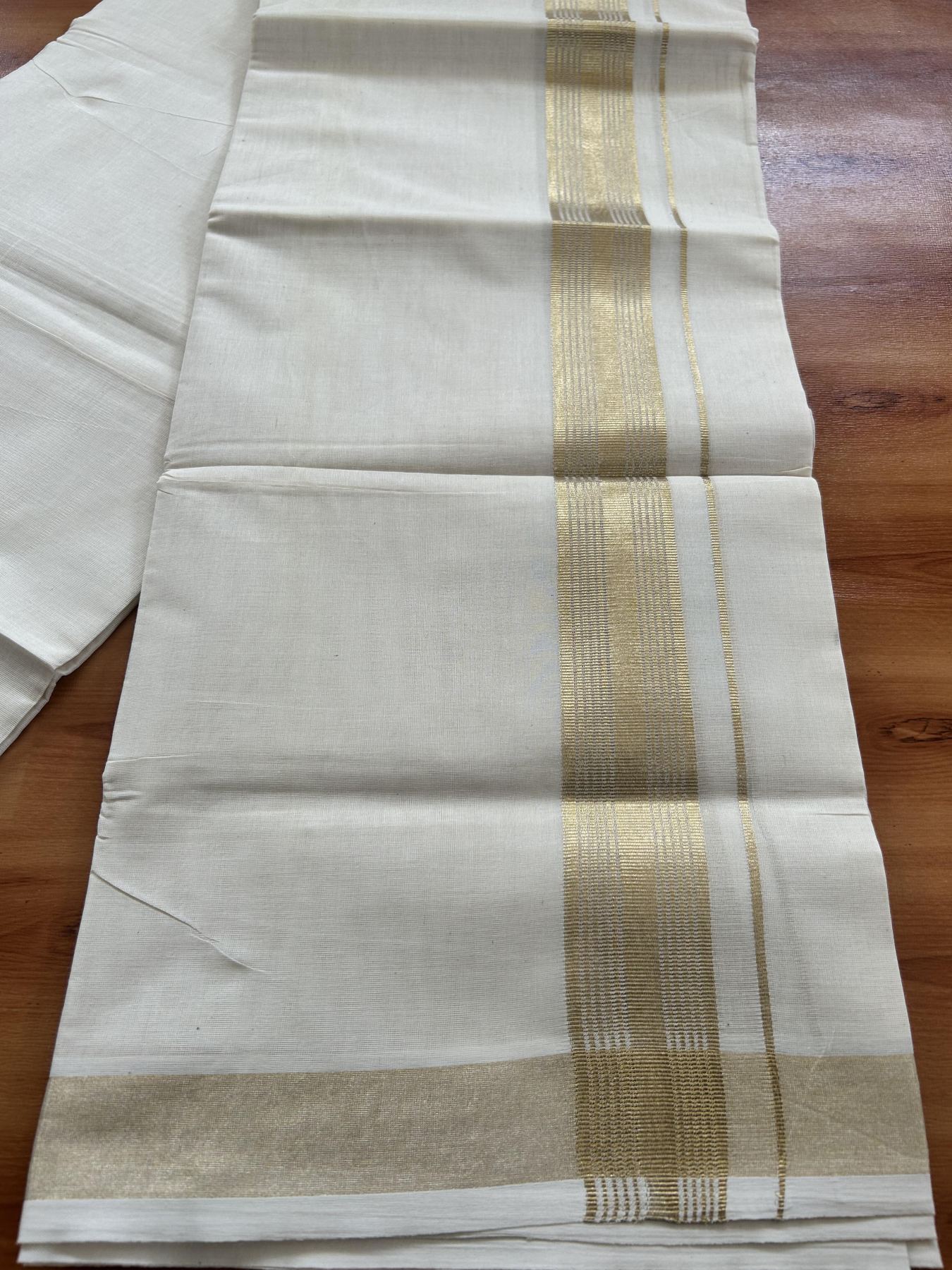 Double Off White (Unbleached) Mundu/Dothi- 20% Discount! Kaitharikada Balaramapuram Pure Cotton - 100x80 - 1.5 inch Gold Kasav Striped Kara 4 mtr (8.5 muzham) -  37 KK5452 THI