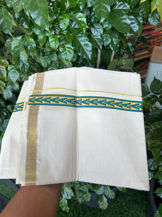 20% Discount!! KaithariKada Balaramapuram 100% Cotton Double Off White - (Unbleached) Mundu/Dhoti - 60x60 - 1 inch Gold Kasav with Peacock Green & Black Arrow Printed Design Kara - 76 KK5362 GAN