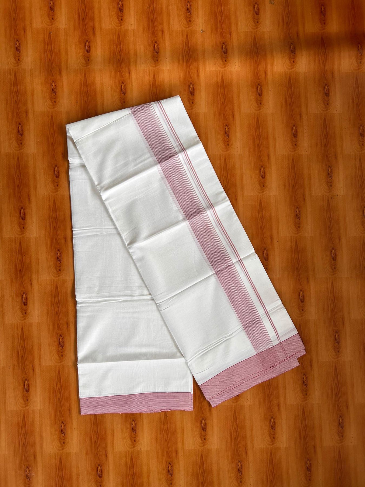 Double Pure White Mundu/Dhoti -20% Discount! KaithariKada 100% Cotton - 100x80 - 1.75 Inch Light Maroon Striped Kara - 3.80 mtr (8 muzham) - 9 KK5519 PMC