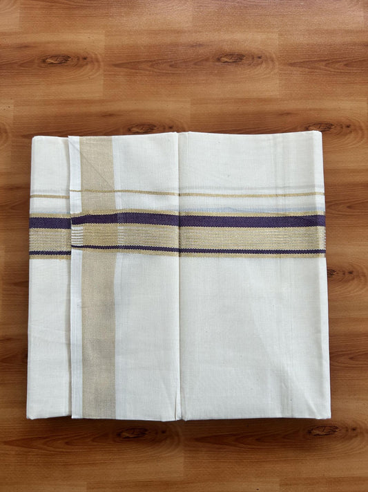 Double Off White (Unbleached) Mundu/Dothi- 20% Discount! Kaitharikada Balaramapuram Pure Cotton - 100x80 - 1.5 inch Light Gold Kasav & Dark Purple Striped Kara 4 mtr (8.5 muzham) - 43 KK5452 THI