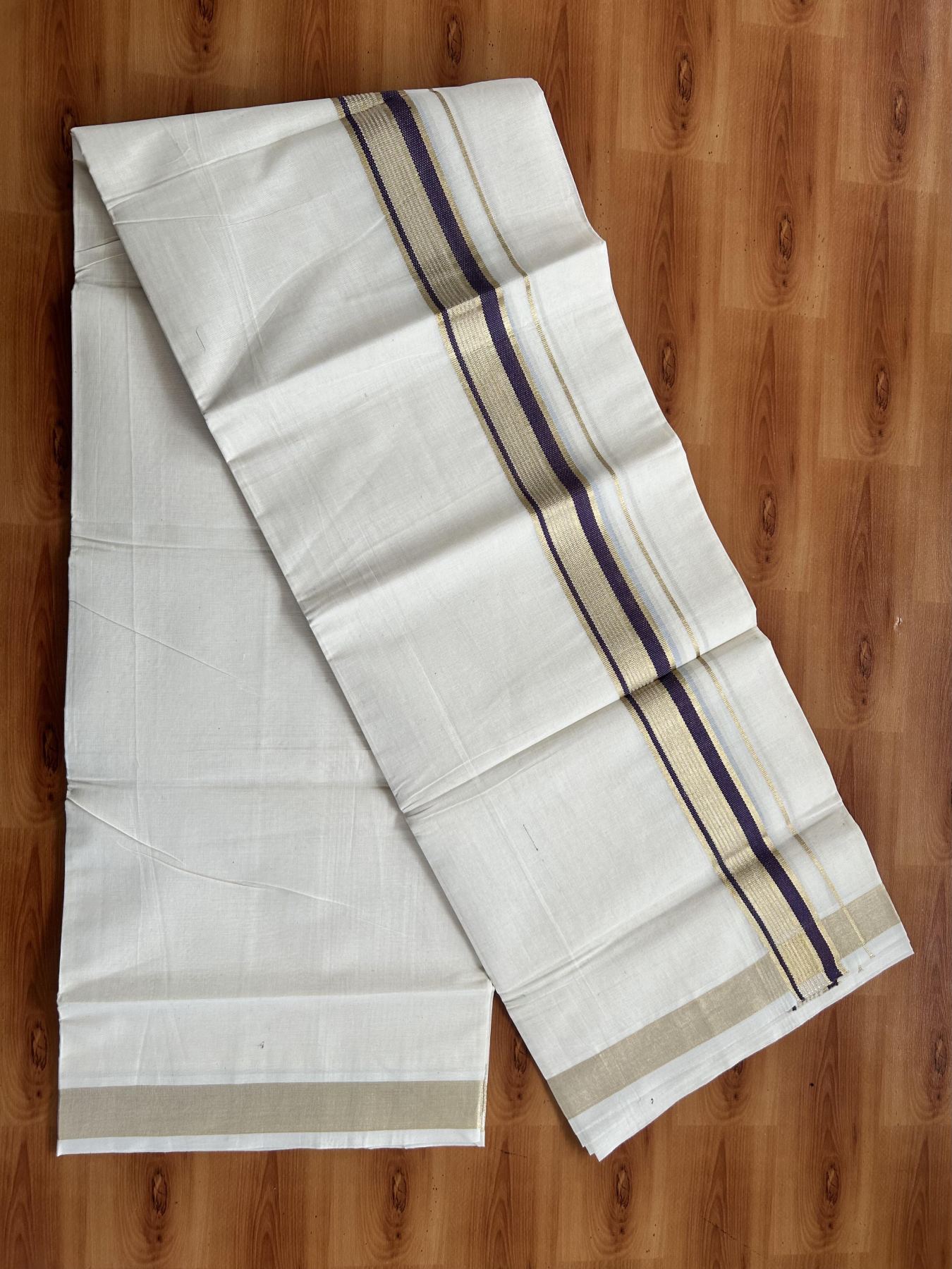 Double Off White (Unbleached) Mundu/Dothi- 20% Discount! Kaitharikada Balaramapuram Pure Cotton - 100x80 - 1.5 inch Light Gold Kasav & Dark Purple Striped Kara 4 mtr (8.5 muzham) - 43 KK5452 THI