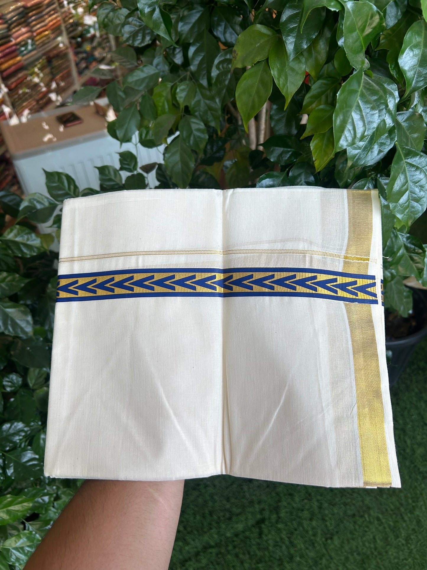 20% Discount!! KaithariKada Balaramapuram 100% Cotton Double Off White - (Unbleached) Mundu/Dhoti - 60x60 - 1 inch Gold Kasav with Dark Blue Arrow Printed Design Kara - 72 KK5362 GAN