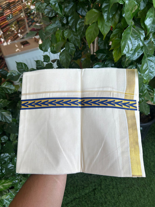 20% Discount!! KaithariKada Balaramapuram 100% Cotton Double Off White - (Unbleached) Mundu/Dhoti - 60x60 - 1 inch Gold Kasav with Dark Blue Arrow Printed Design Kara - 72 KK5362 GAN