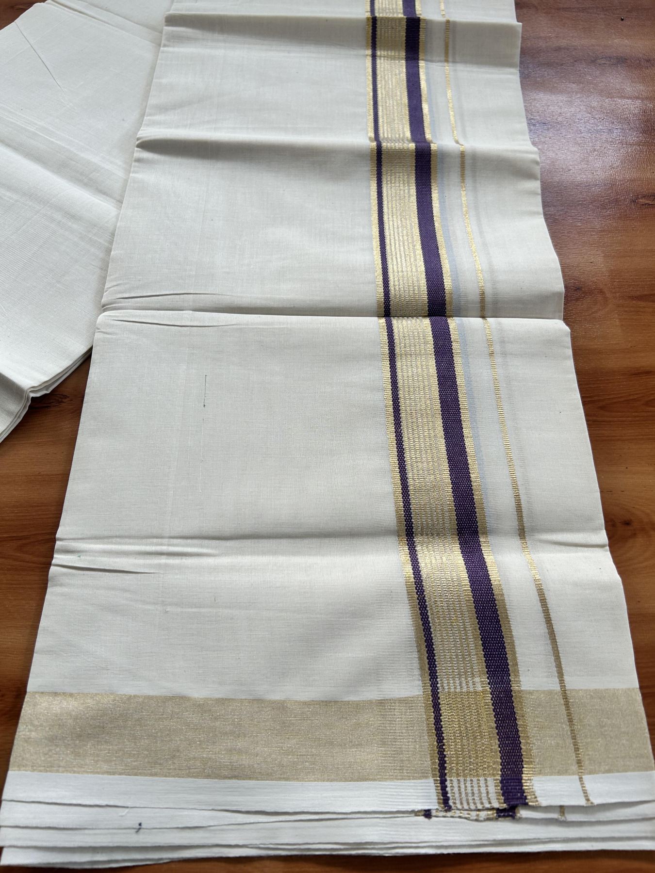 Double Off White (Unbleached) Mundu/Dothi- 20% Discount! Kaitharikada Balaramapuram Pure Cotton - 100x80 - 1.5 inch Light Gold Kasav & Dark Purple Striped Kara 4 mtr (8.5 muzham) - 43 KK5452 THI