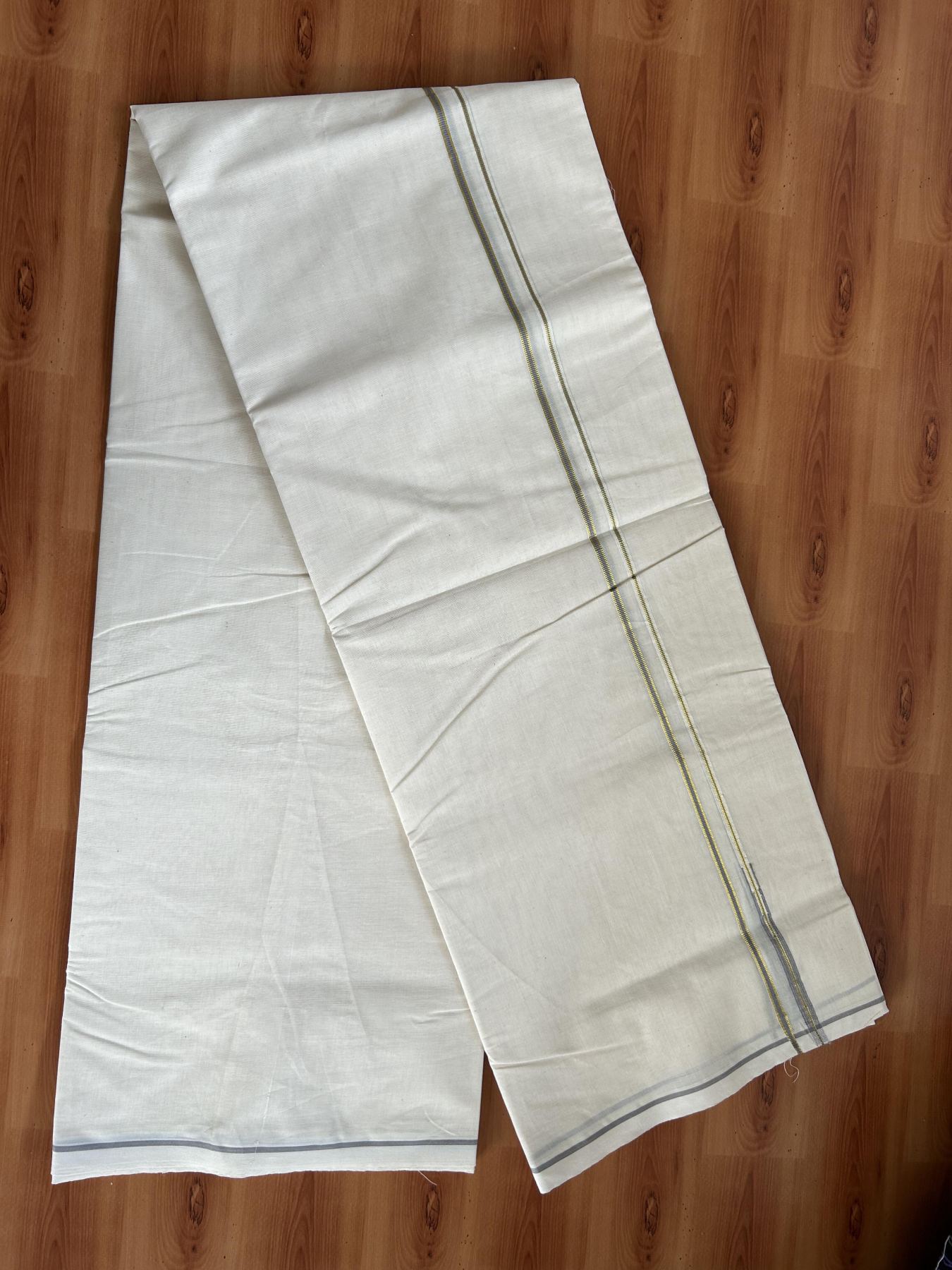 Double Off white - (Unbleached) Mundu/Dhoti- 20% Discount! KaithariKada Balaramapuram 100% Cotton - 100x100  0.2 cm Puliyilakkara Gold Kasav & Grey Chutty Kara - 4 mtr (8.5 muzham)- 41 KK5392 ASH