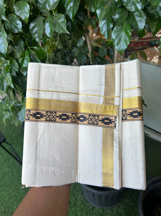 20% Discount!! KaithariKada Balaramapuram 100% Cotton Double Off White - (Unbleached) Mundu/Dhoti - 60x60 - 2 inch Gold Kasav with Black Printed Design Kara - 71 KK5362 GAN