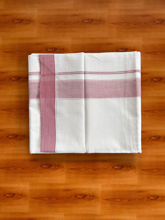 Double Pure White Mundu/Dhoti -20% Discount! KaithariKada 100% Cotton - 100x80 - 1.75 Inch Light Maroon Striped Kara - 3.80 mtr (8 muzham) - 9 KK5519 PMC