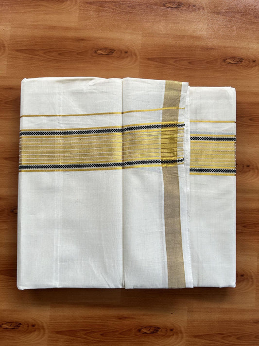 Double Off White (Unbleached) Mundu/Dothi- 20% Discount! Kaitharikada Balaramapuram Pure Cotton - 100x80 - 1.5 inch Gold Kasav & Ash Black Center Tissue Striped Kara 4 mtr (8.5 muzham) - 48 KK5452 THI